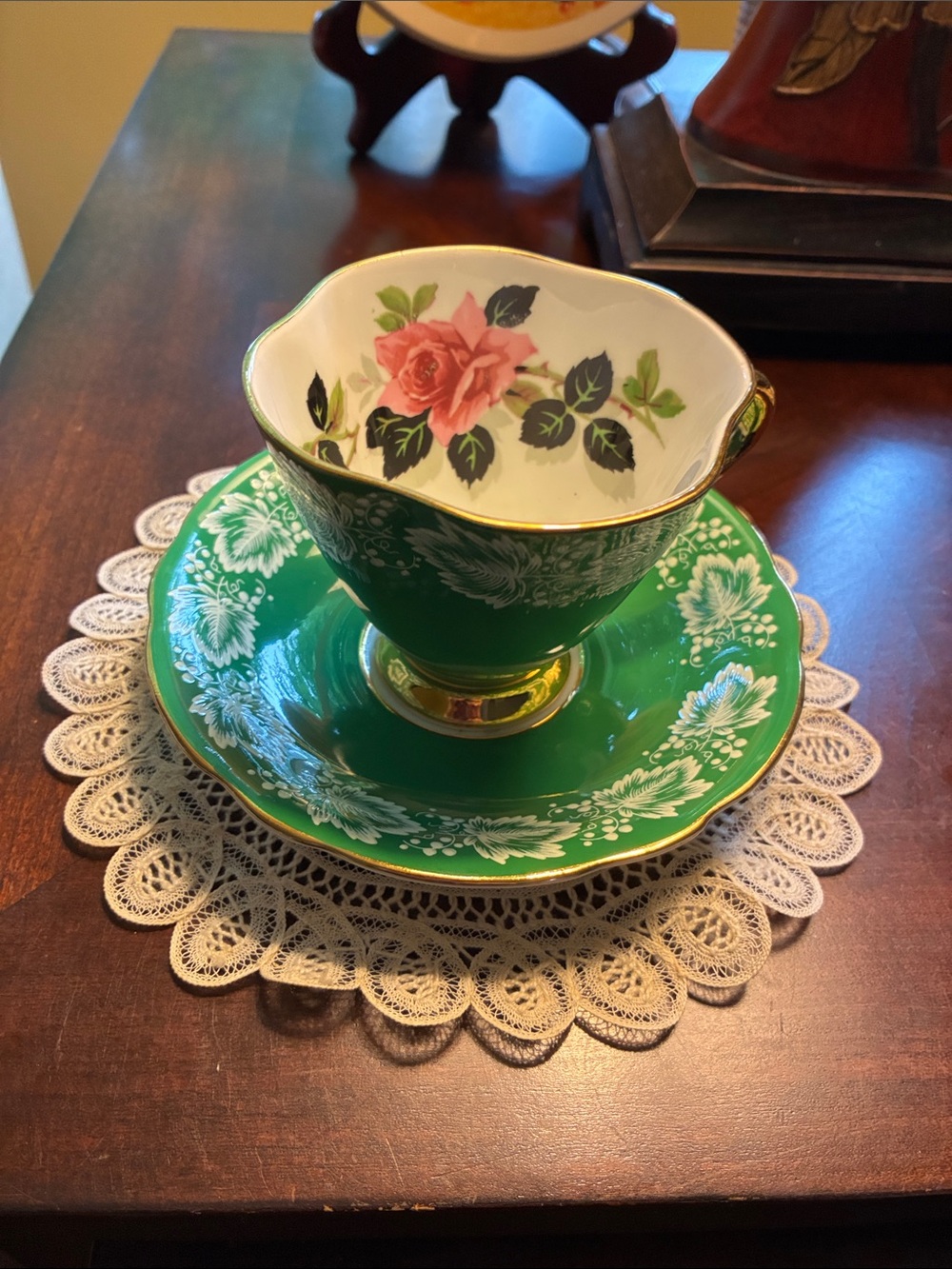Windsor Green Tea Cup and Saucer with Pink Rose Motif.